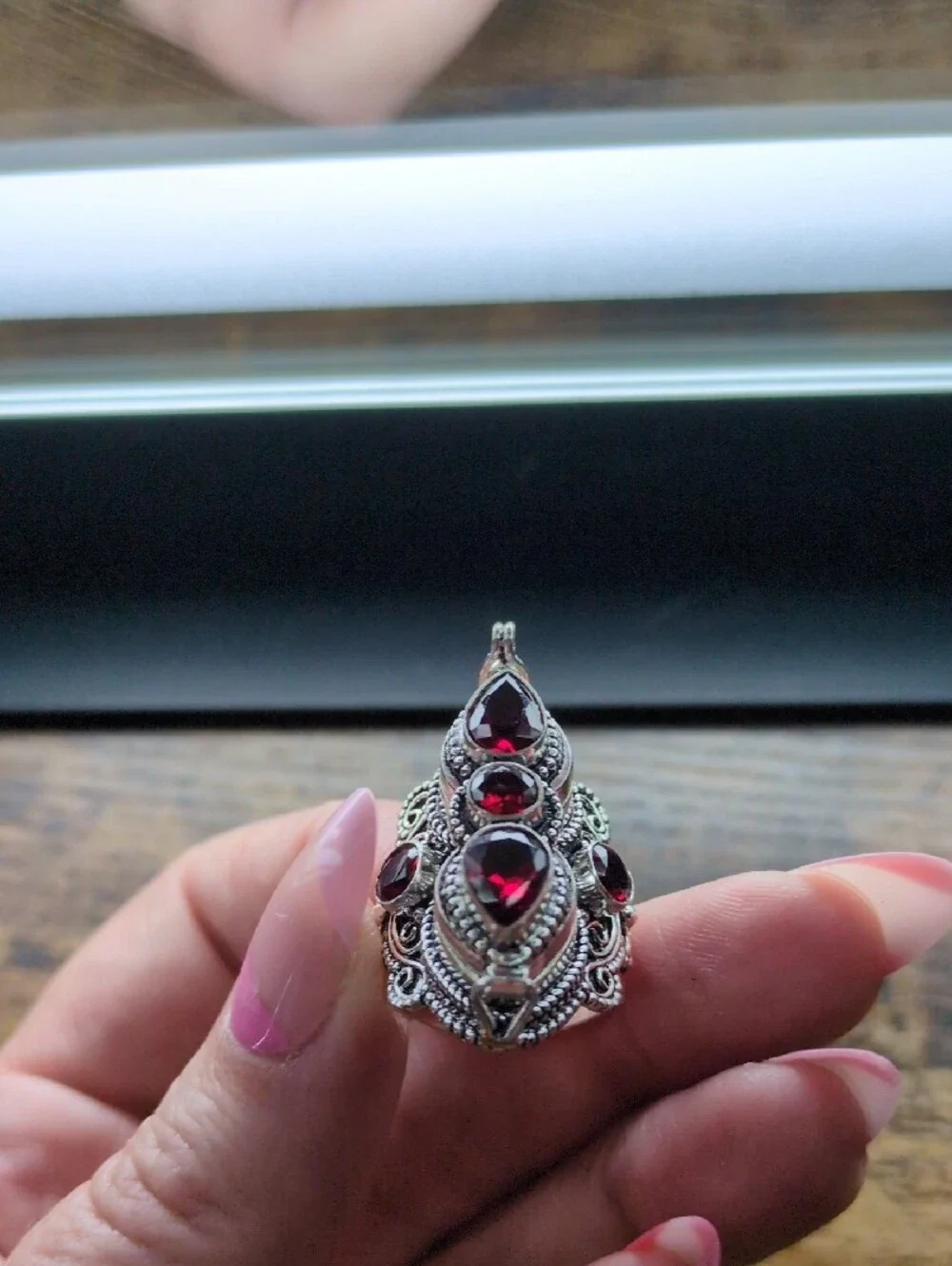 Vintage-Inspired Locket/Poison Ring with Red Garnet Stones+925 Silver